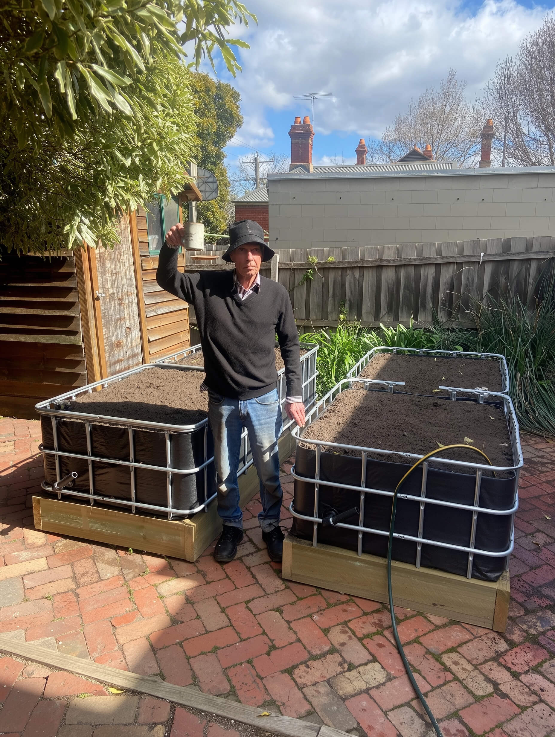 IBC wicking beds in a courtyard